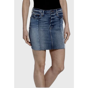 Good American Denim Mini Skirt Size 14 Womens Blue Raw Hem Zip Stretch USA Made